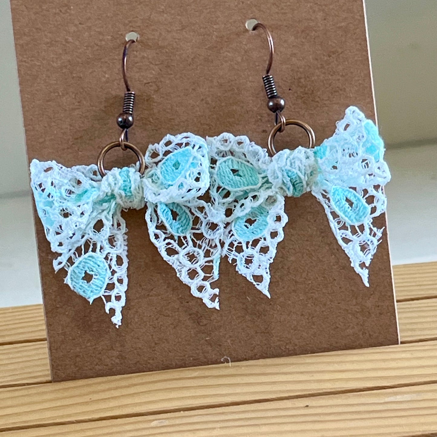 Vintage lace earrings light aqua and white bow earrings
