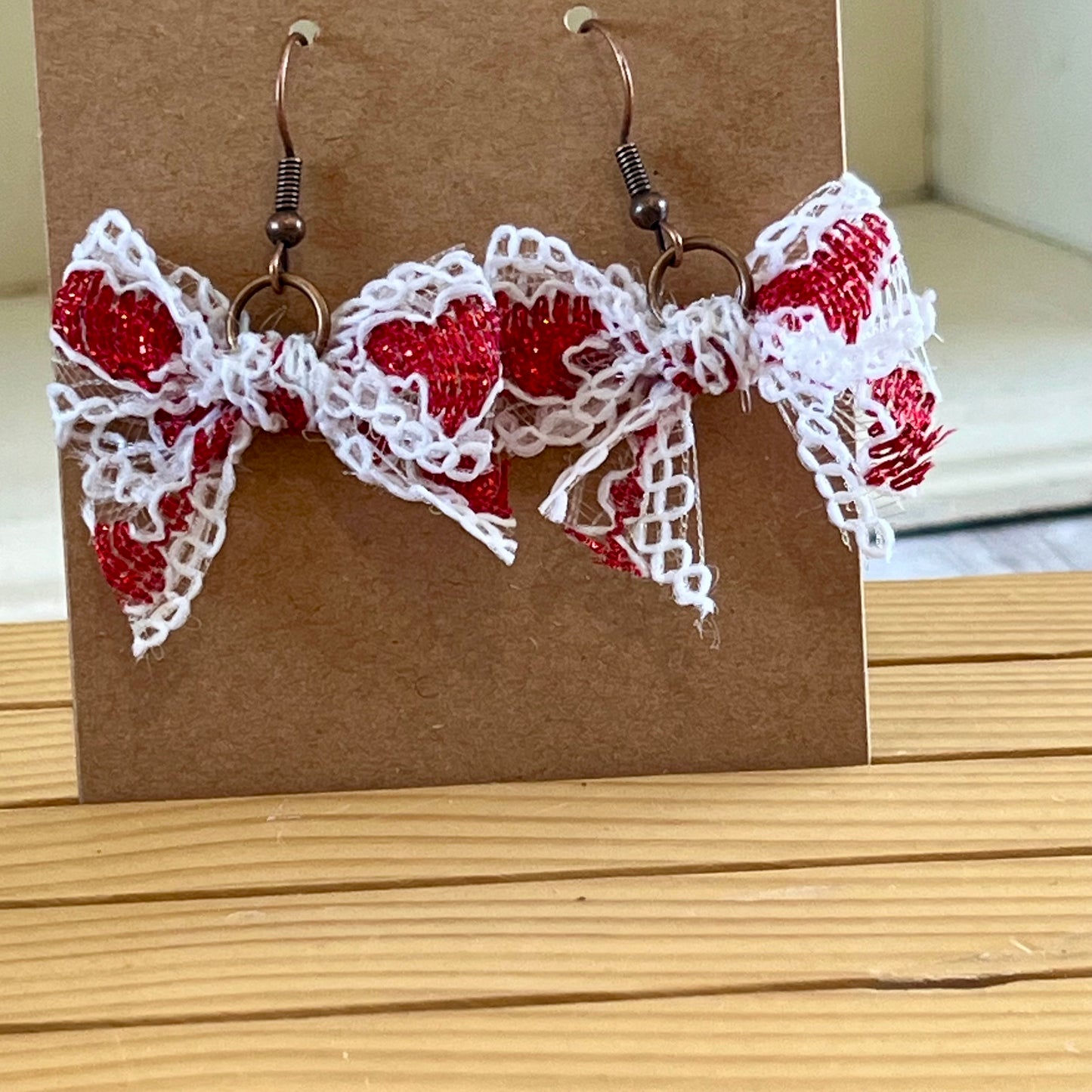 Vintage lace earrings red hearts bow earrings