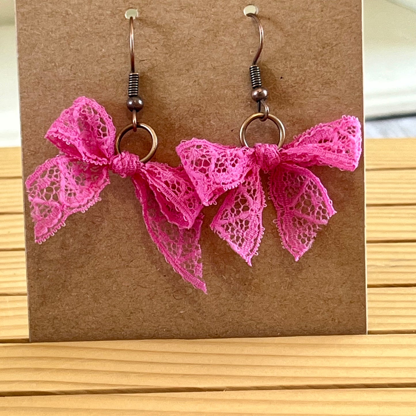 Vintage lace earrings bright pink bow earrings