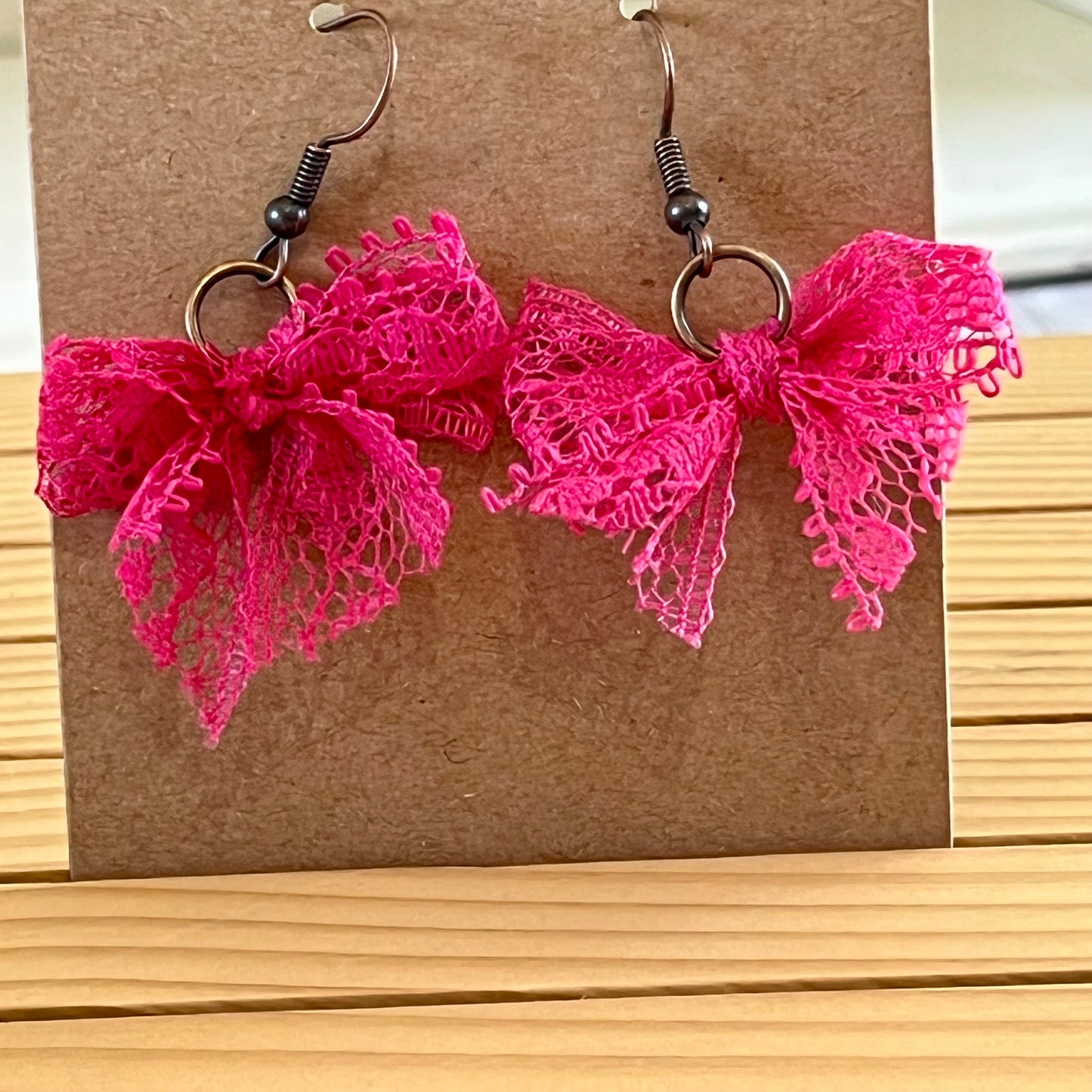 Vintage lace earrings hot pink bow earrings