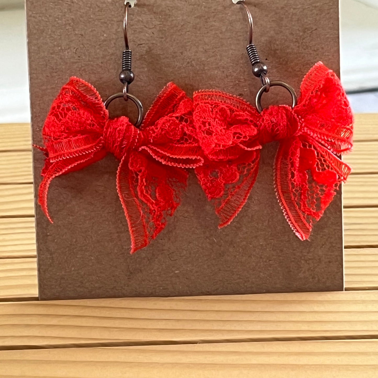 Vintage lace earrings electric red bow earrings