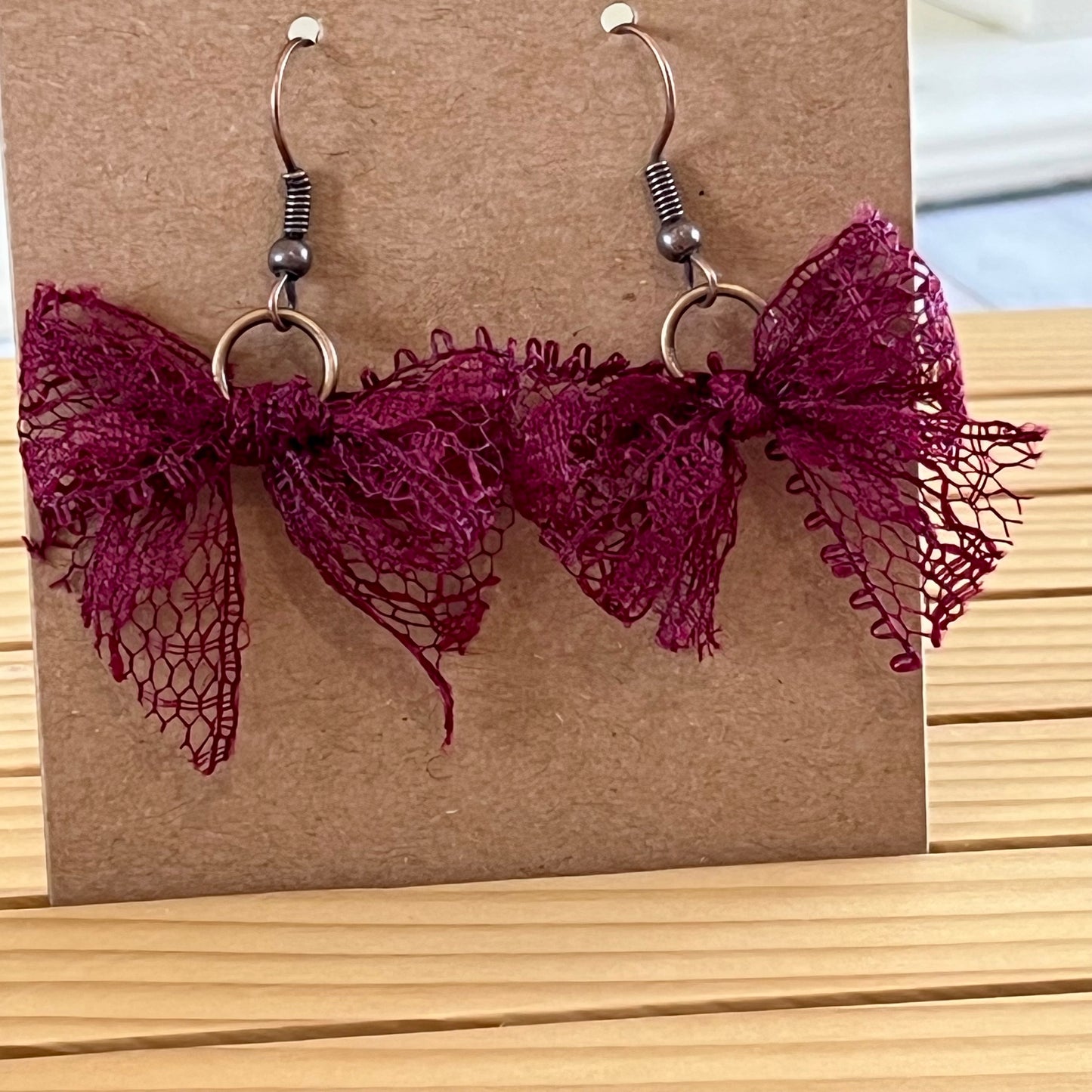 Vintage lace earrings maroon bow earrings