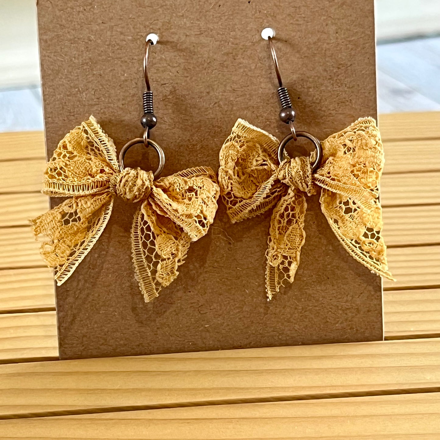 Vintage lace earrings mustard yellow bow earrings