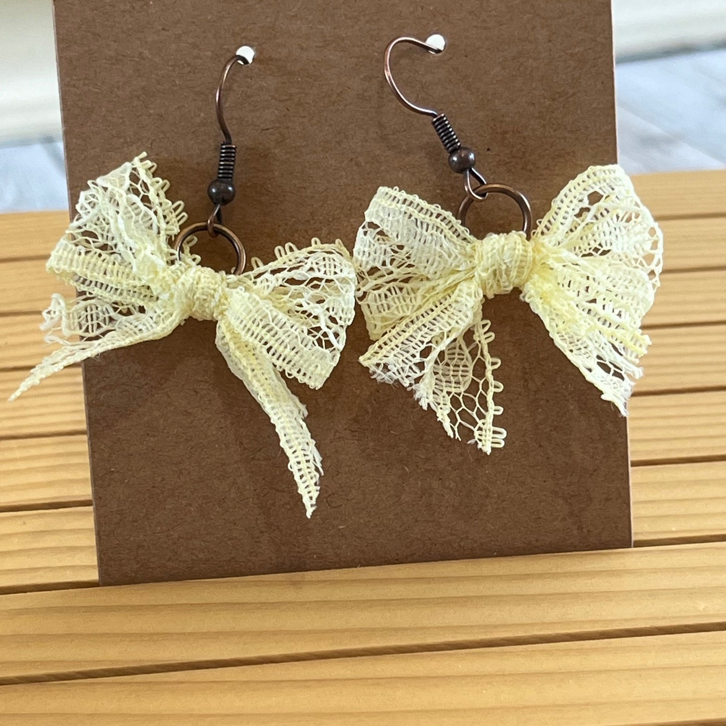 Vintage lace earrings pale yellow bow earrings