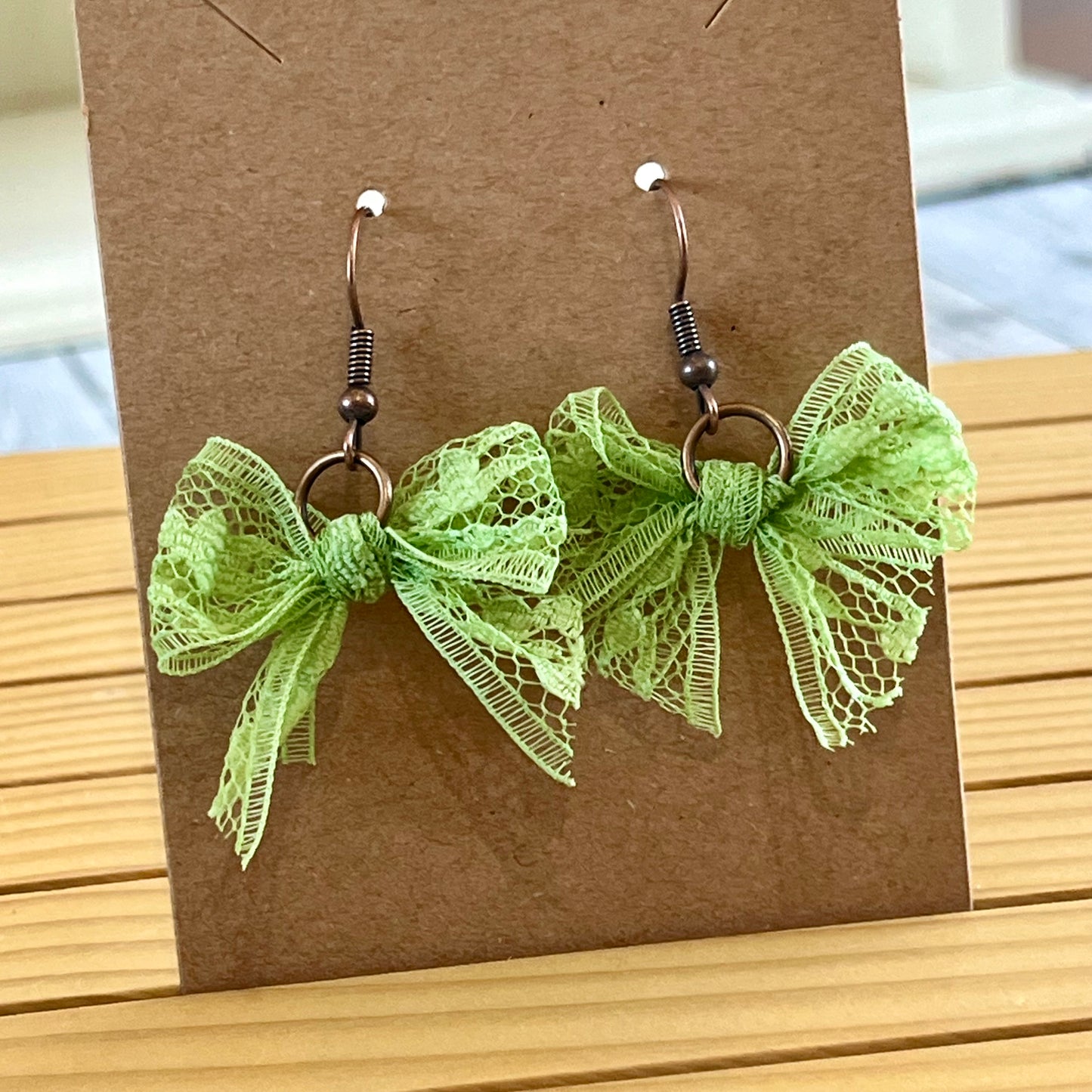 Vintage lace earrings lime green bow earrings