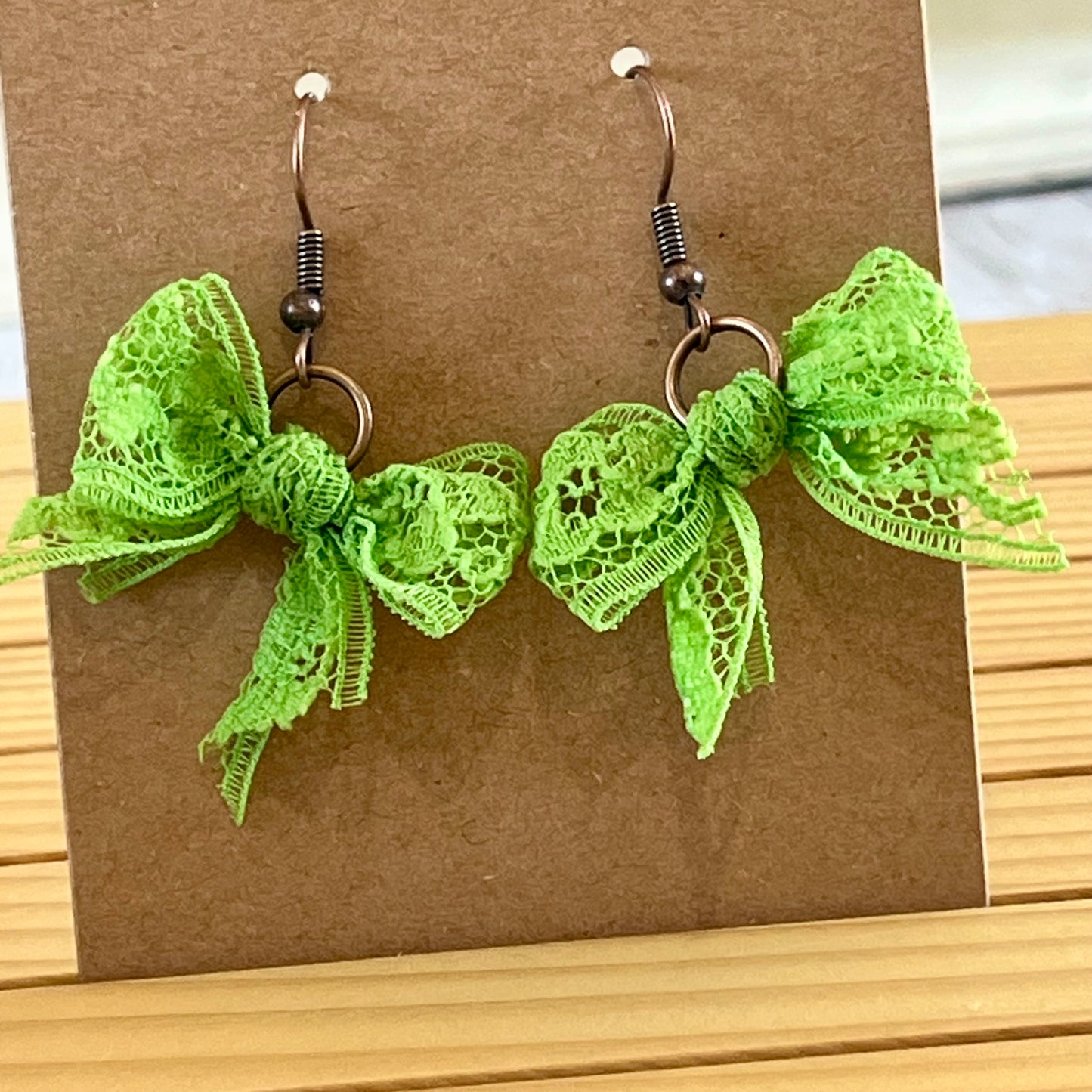 Vintage lace earrings bright lime green bow earrings