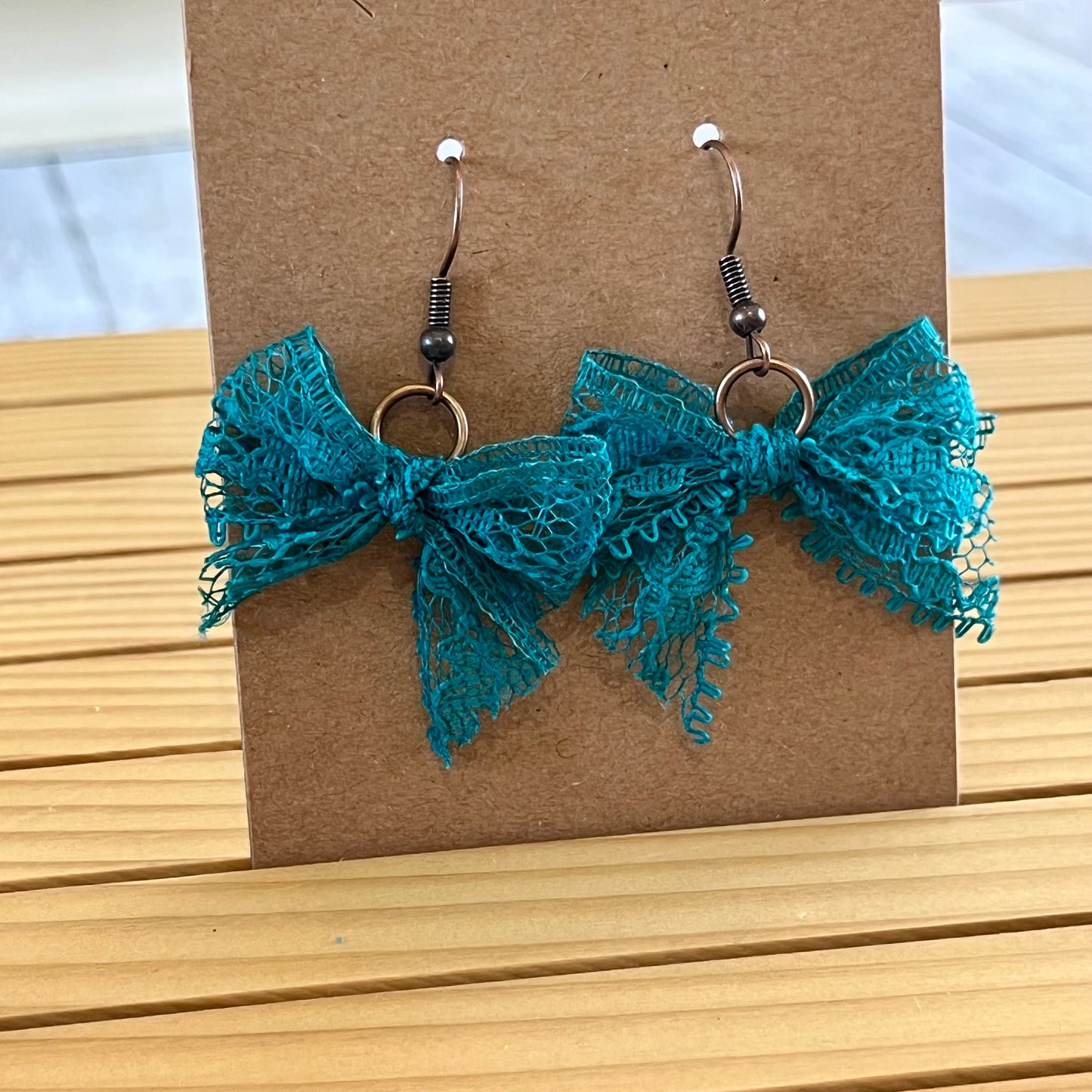 Vintage lace earrings teal bow earrings
