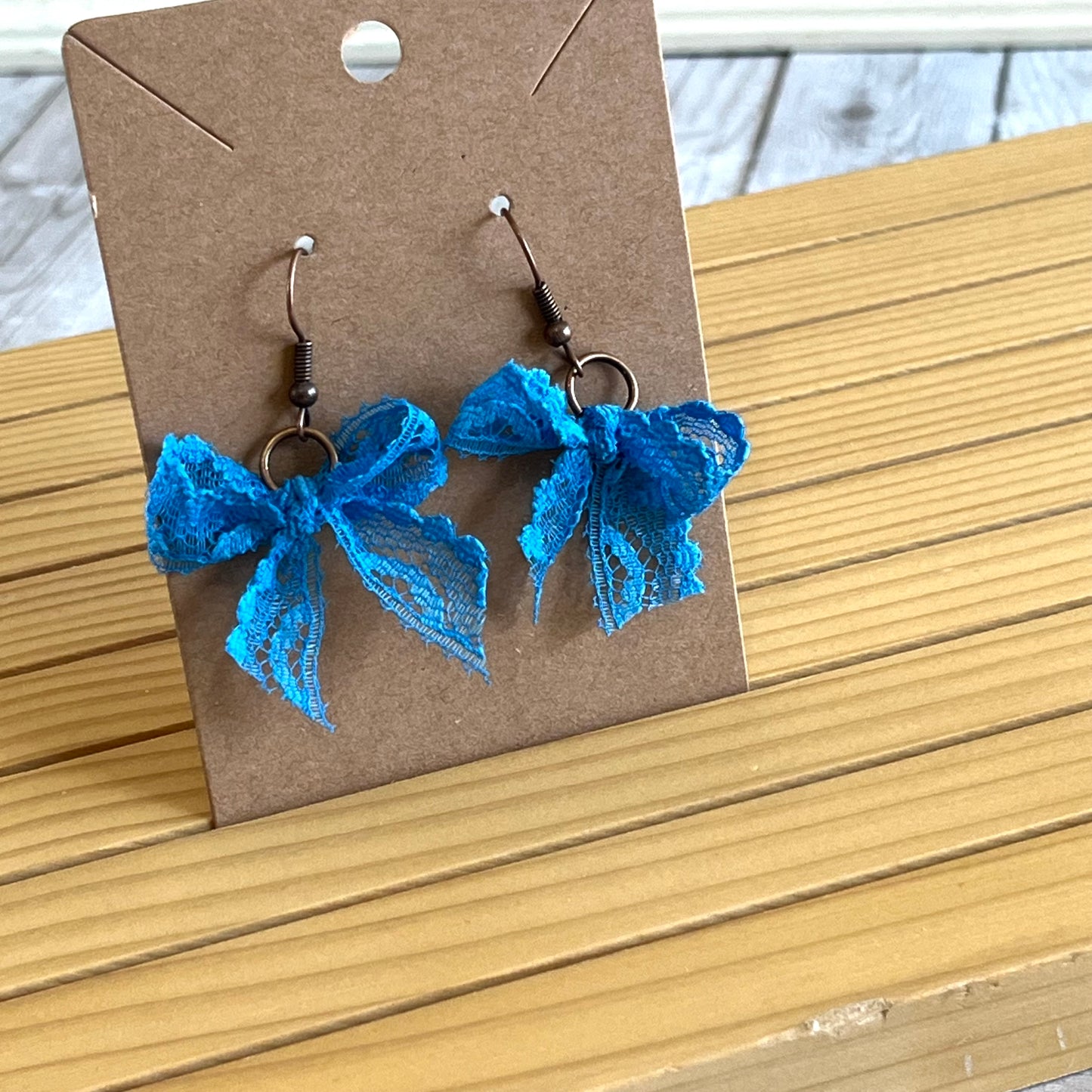Vintage lace earrings electric blue bow earrings