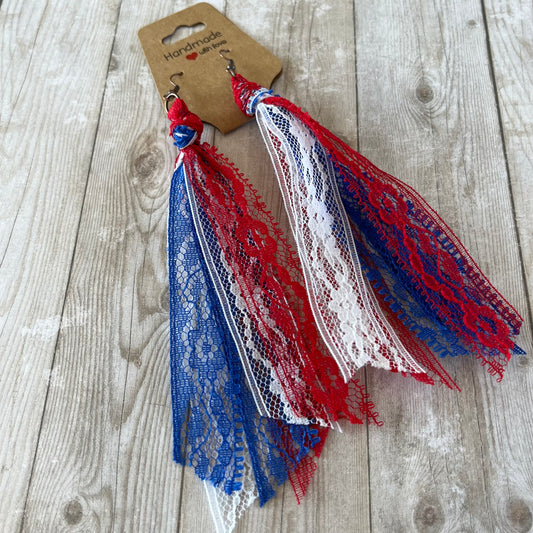 Red, White, and Royal Blue Boho Vintage Lace Earrings