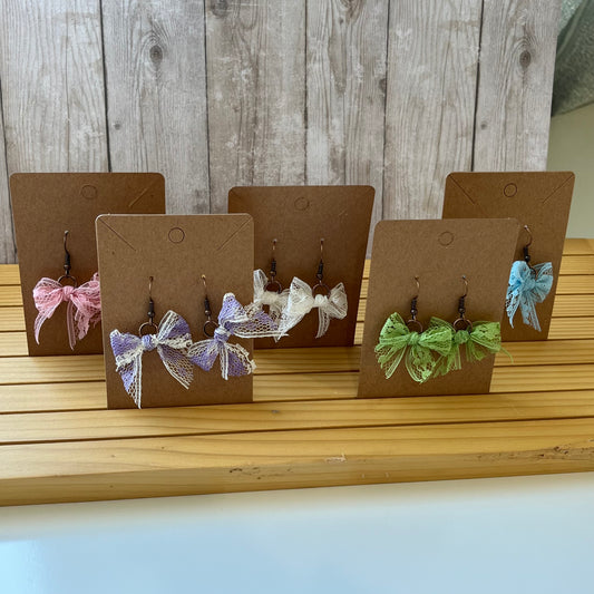 Pastel Lace Bow Earrings Lime, Pink, Blue, Off White, or Purple and White