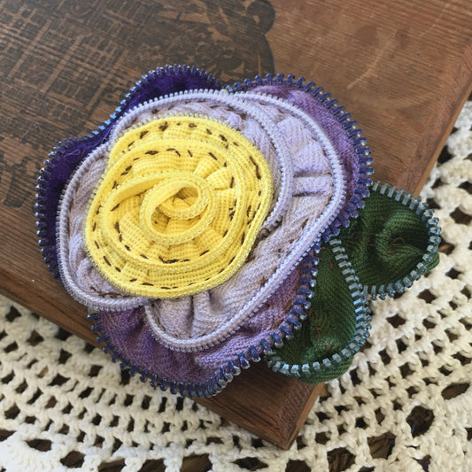 Purple and Yellow Vintage Zipper Flower Brooch