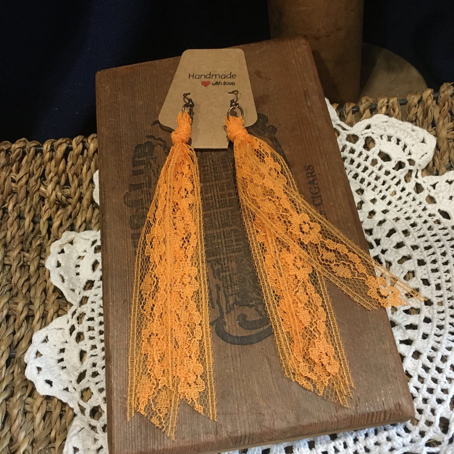 Bright Orange Boho Vintage Lace Earrings