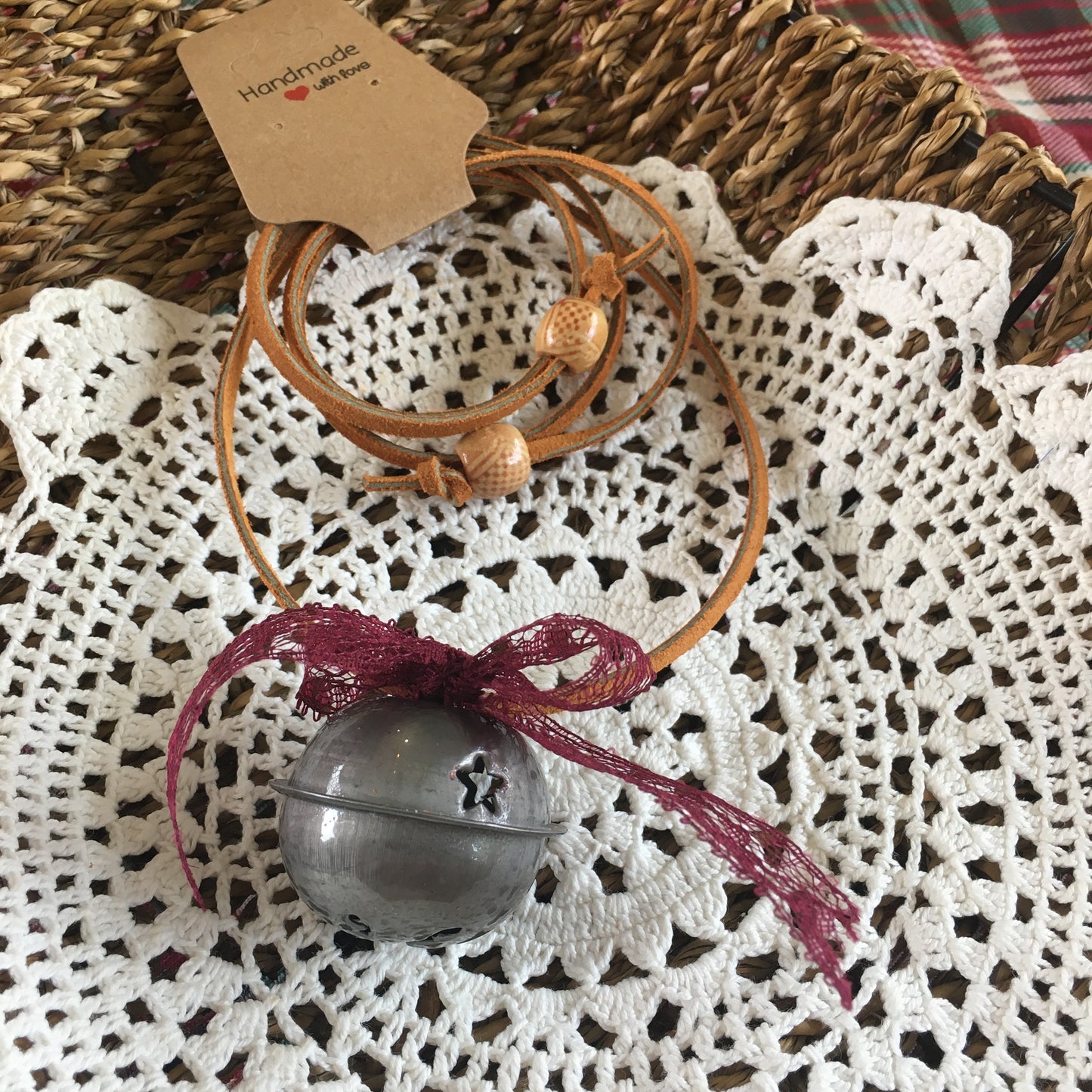Leather and Lace Jingle Bell Necklace Antiqu Silver Color Christmas Gift