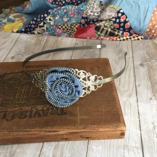 Dusty Blue Vintage Zipper Flower Headband