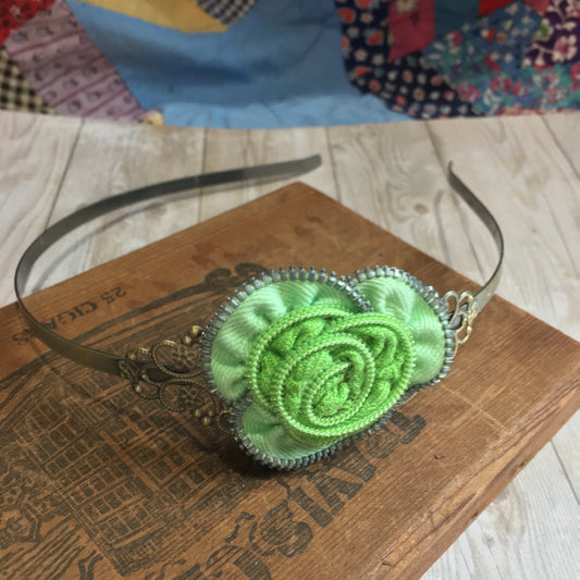 Green Vintage Zipper Flower Headband mint and lime