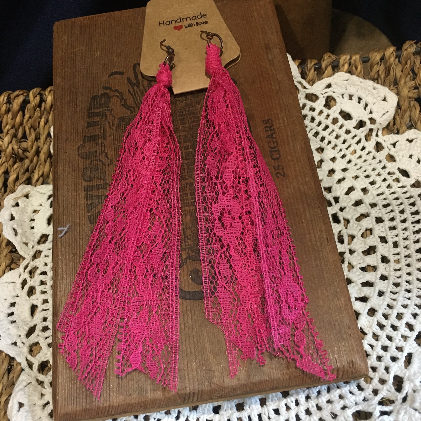 Hot Pink Boho Vintage Lace Earrings