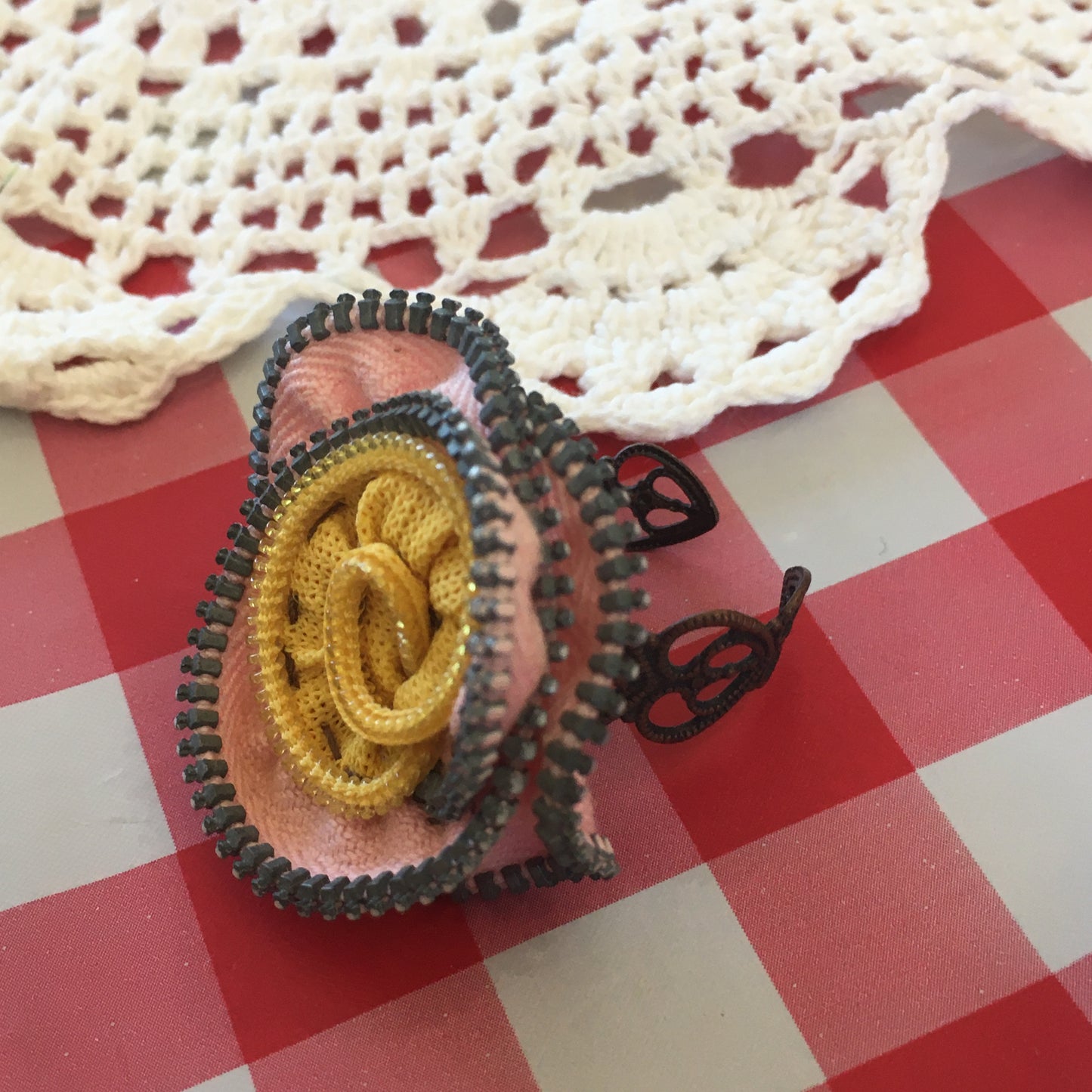 Peach with Yellow Center Vintage Zipper Flower Adjustable Ring