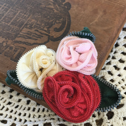 Red, Pink, and Cream Trio Vintage Zipper Flower Brooch