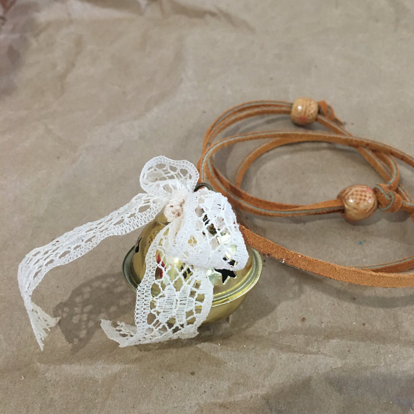 Leather and Lace Jingle Bell Necklace Gold Tone Bell Christmas Gift