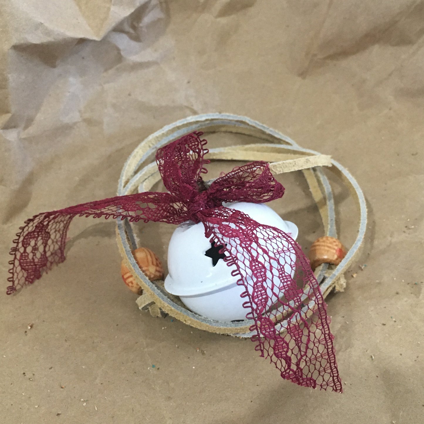Leather and Lace Jingle Bell Necklace White Bell Christmas Gift