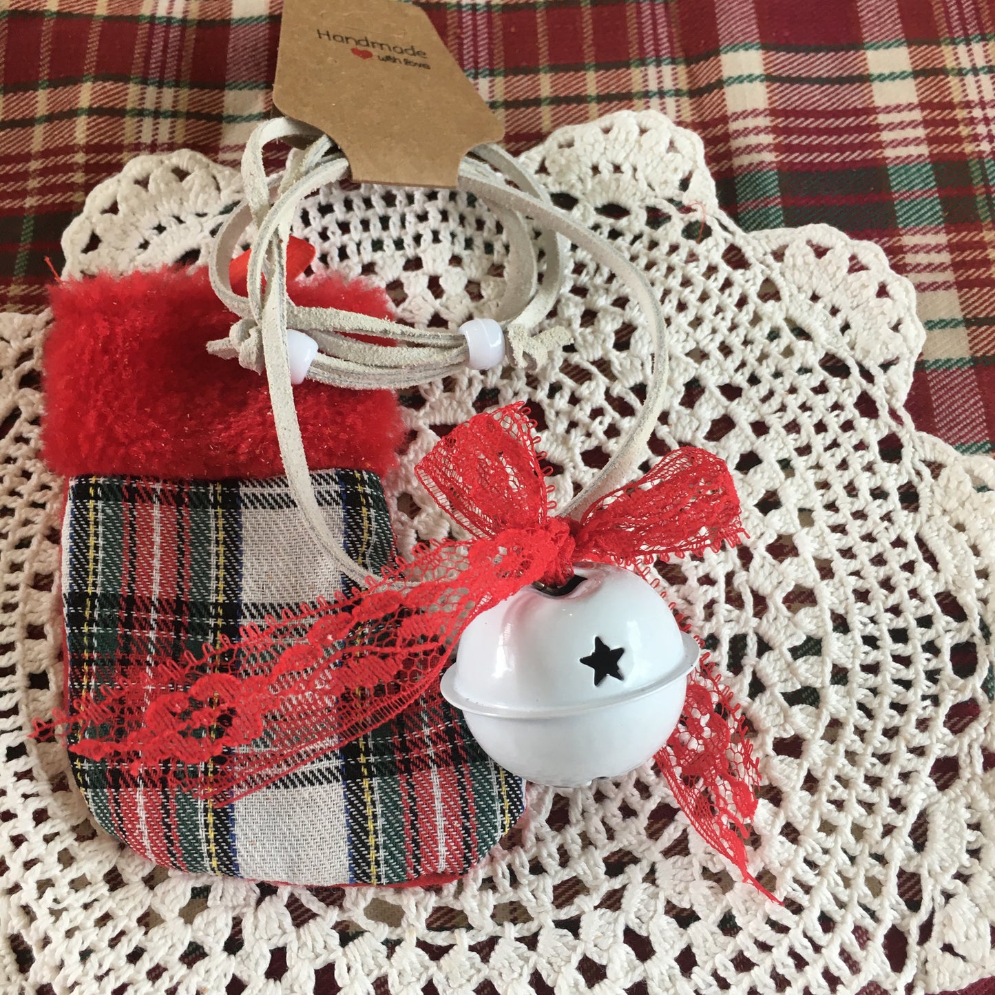 Leather and Lace Jingle Bell Necklace White Bell Christmas Gift