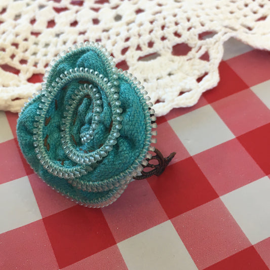 Aqua Vintage Zipper Flower Adjustable Ring