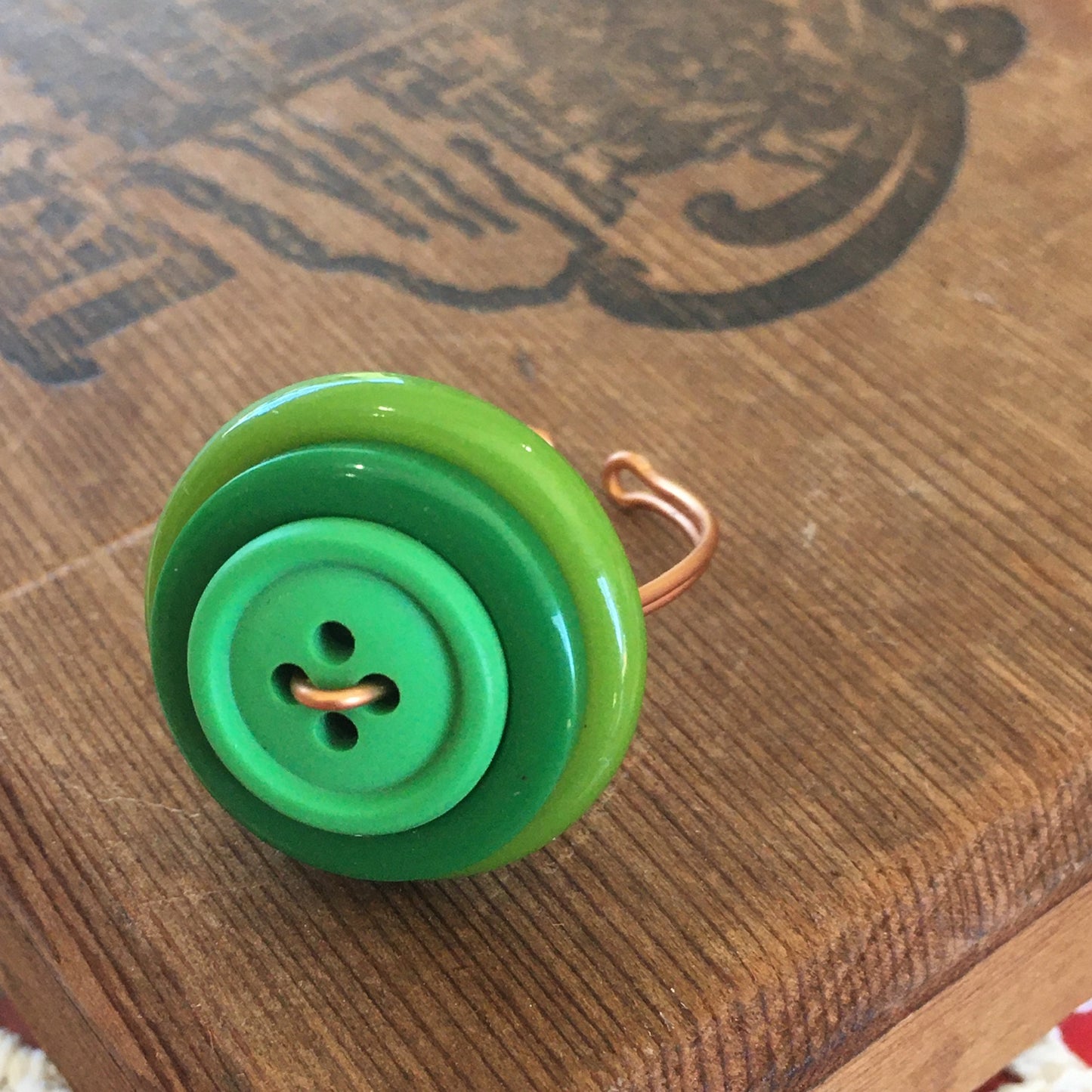 Green Stacked Vintage Button Ring with Adjustable Band