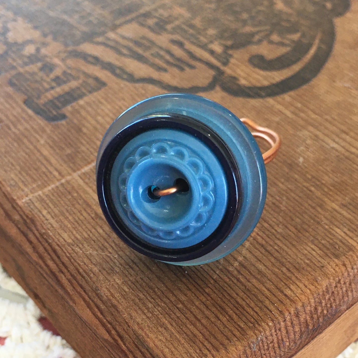 Blue Stacked Vintage Button Ring with Adjustable Band