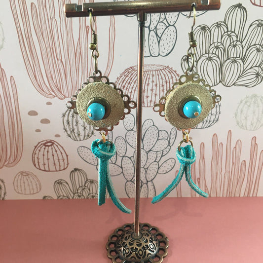 Up Cycled Western Earrings with Aqua Suede