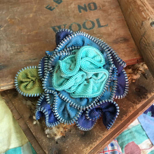 Blue and Aqua Vintage Zipper Flower Brooch