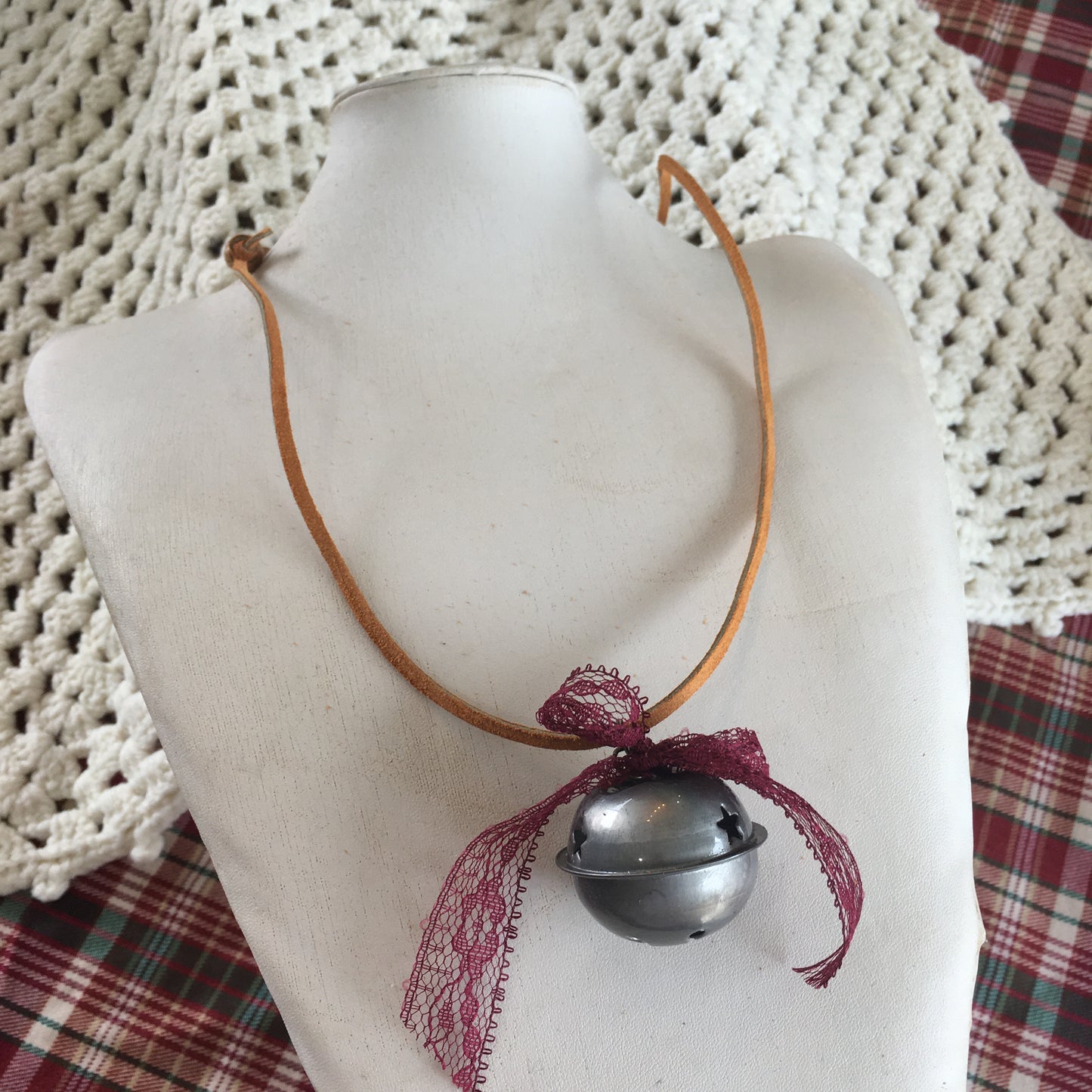 Leather and Lace Jingle Bell Necklace Antiqu Silver Color Christmas Gift