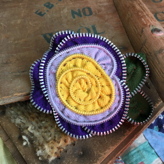 Purple with Yellow Center Vintage Zipper Flower Brooch