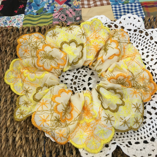 Orange, Yellow, Brown Floral Embroidery Scrunchie