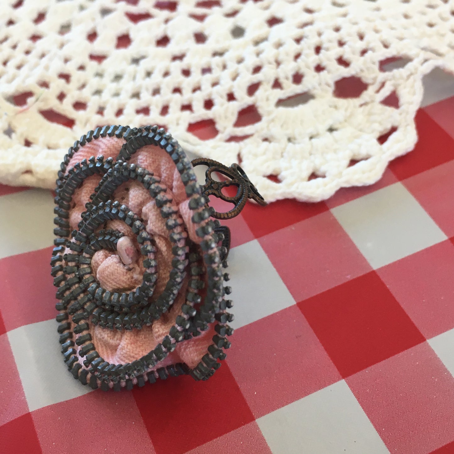 Pink Vintage Zipper Flower Adjustable Ring