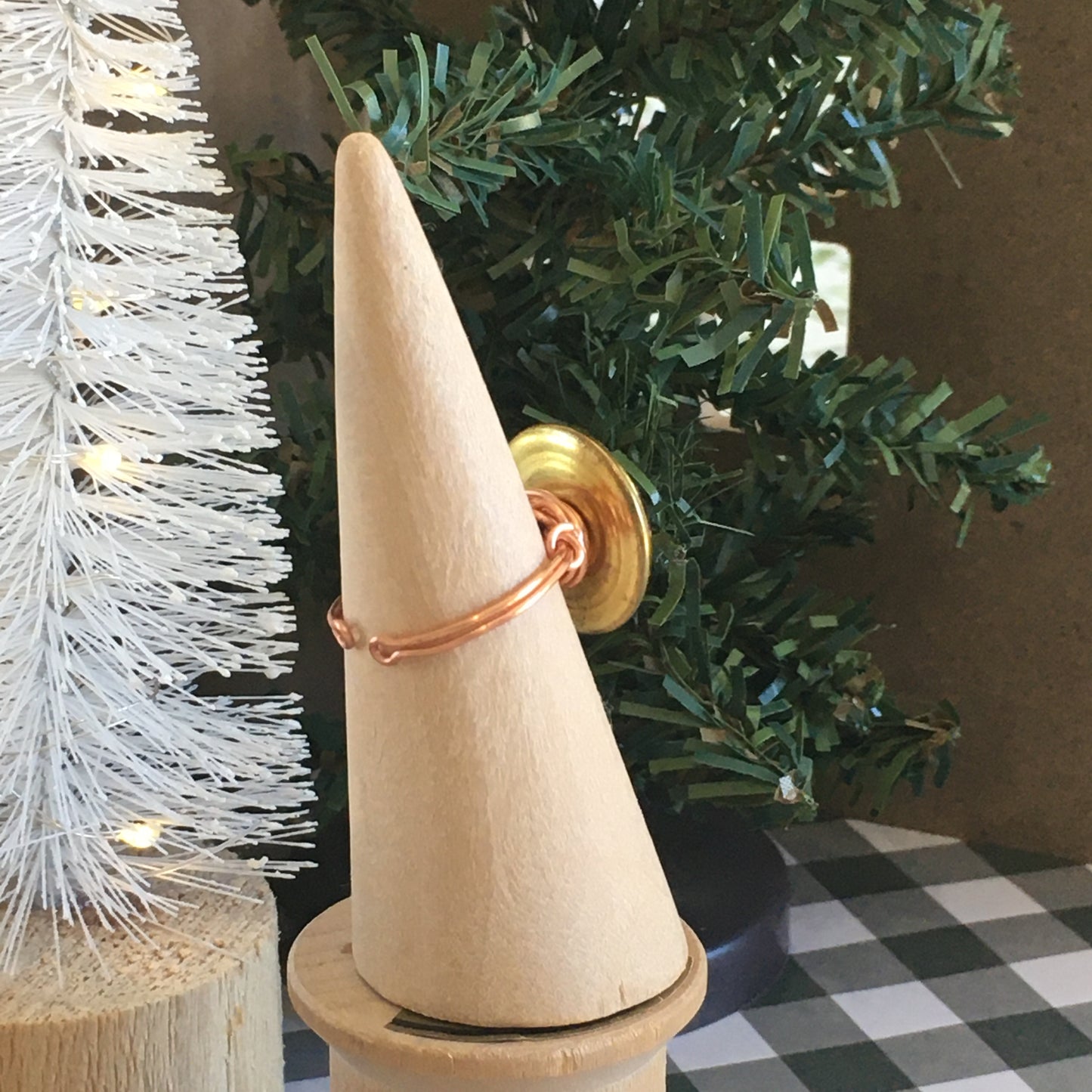 Christmas Button Ring Brass and Red rhinestone