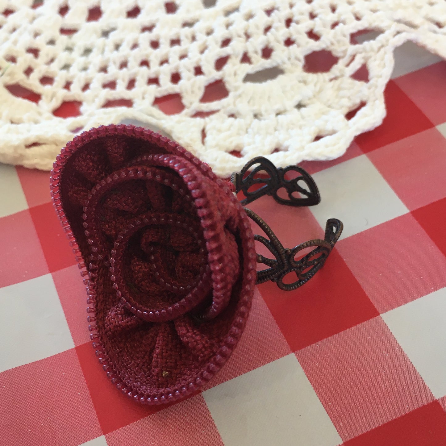 Maroon Vintage Zipper Flower Adjustable Ring