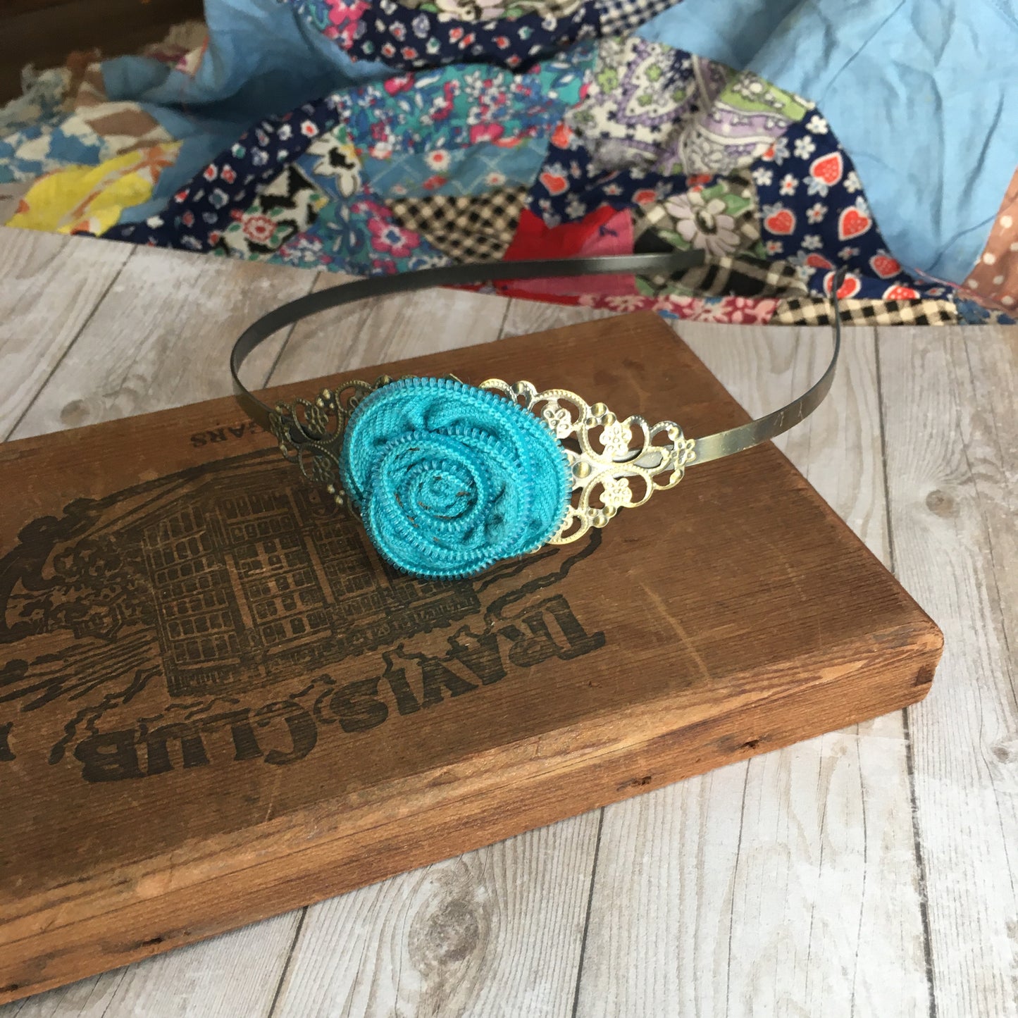 Aqua Vintage Zipper Flower Headband