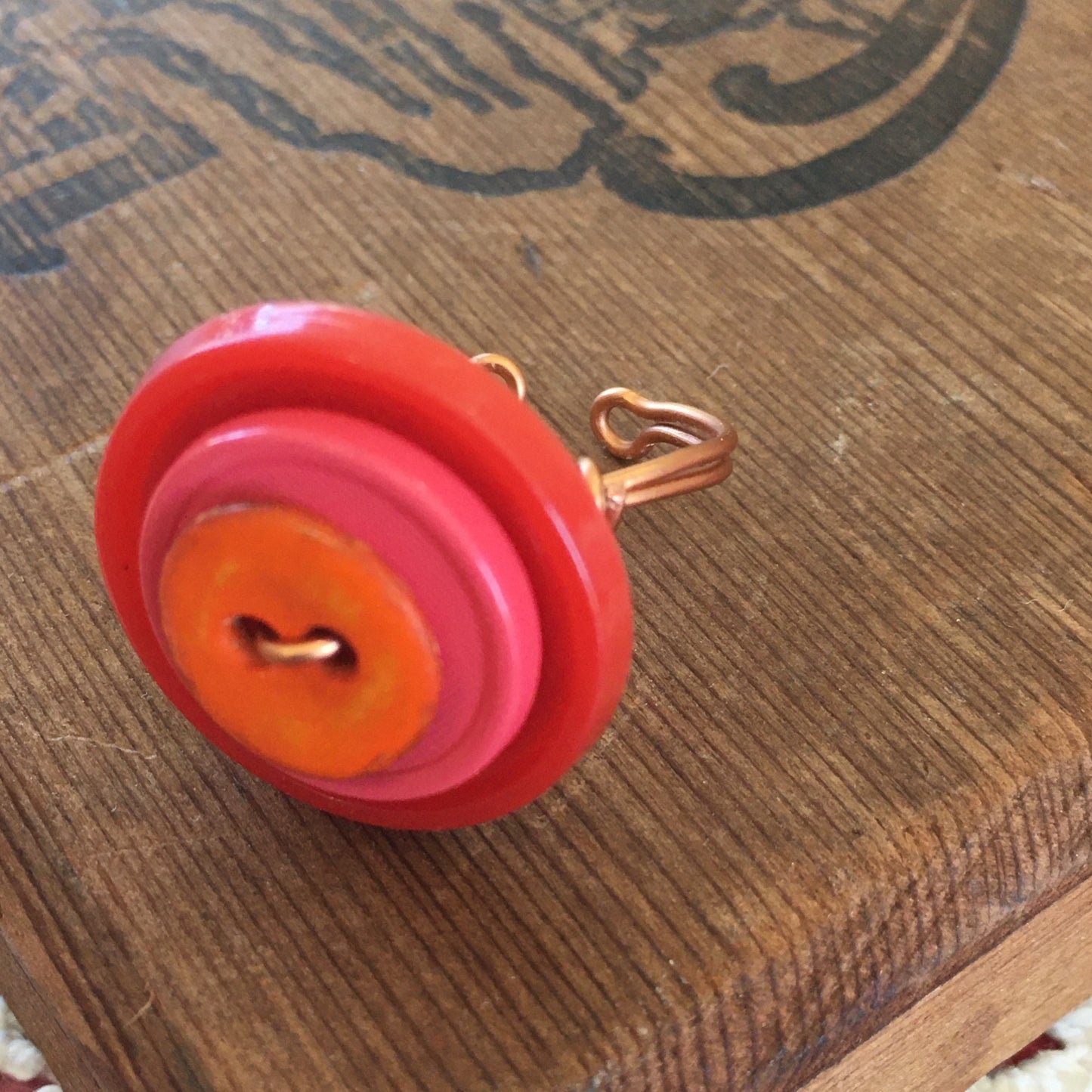 Orange, Pink, and Red Stacked Vintage Button Ring with Adjustable Band