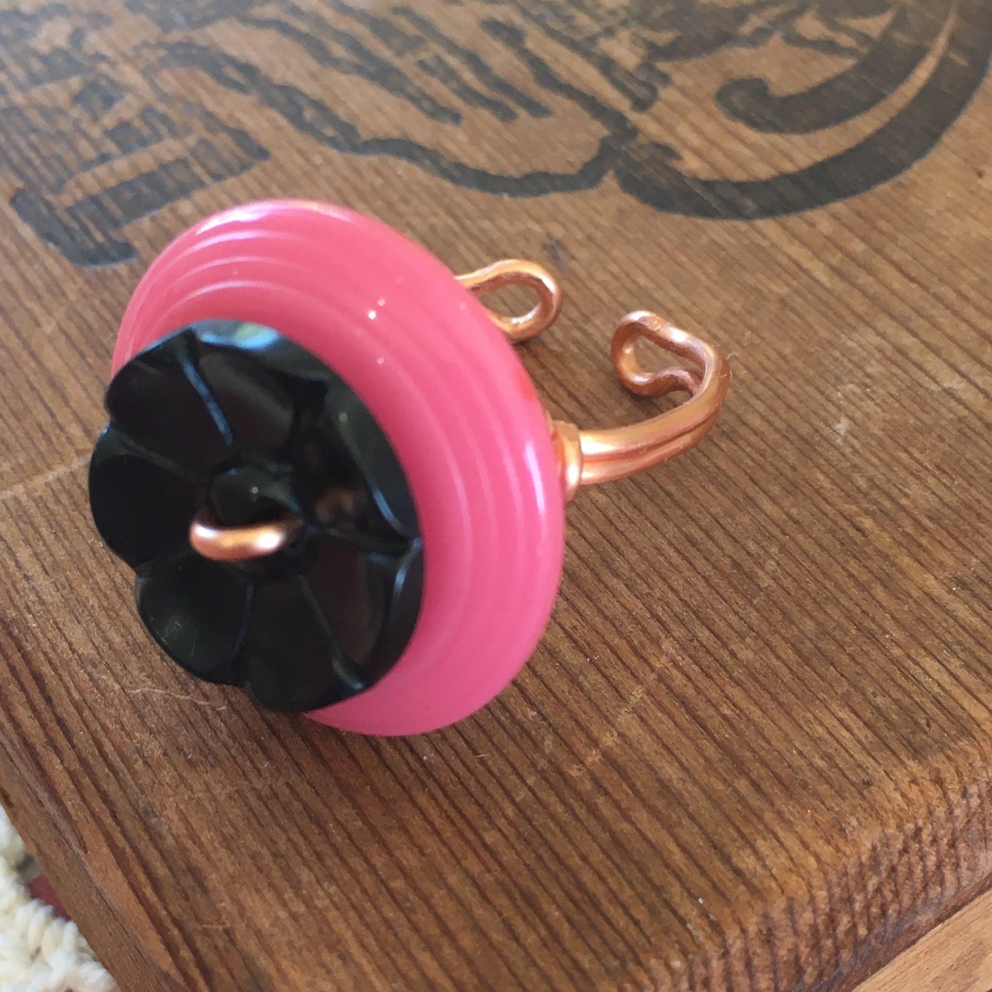 Black on Pink Vintage Button Ring with Adjustable Band
