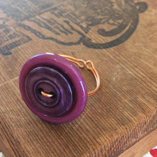 Purple Stacked Vintage Button Ring with Adjustable Band