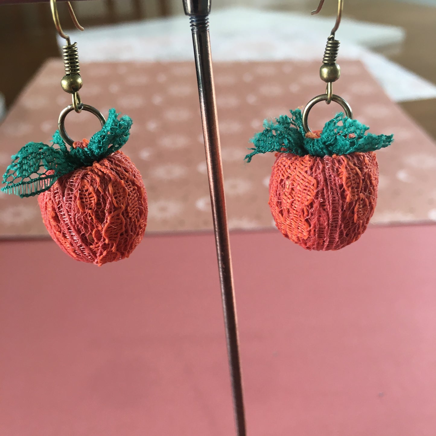 Rust Pumpkins Lace Bead Earrings