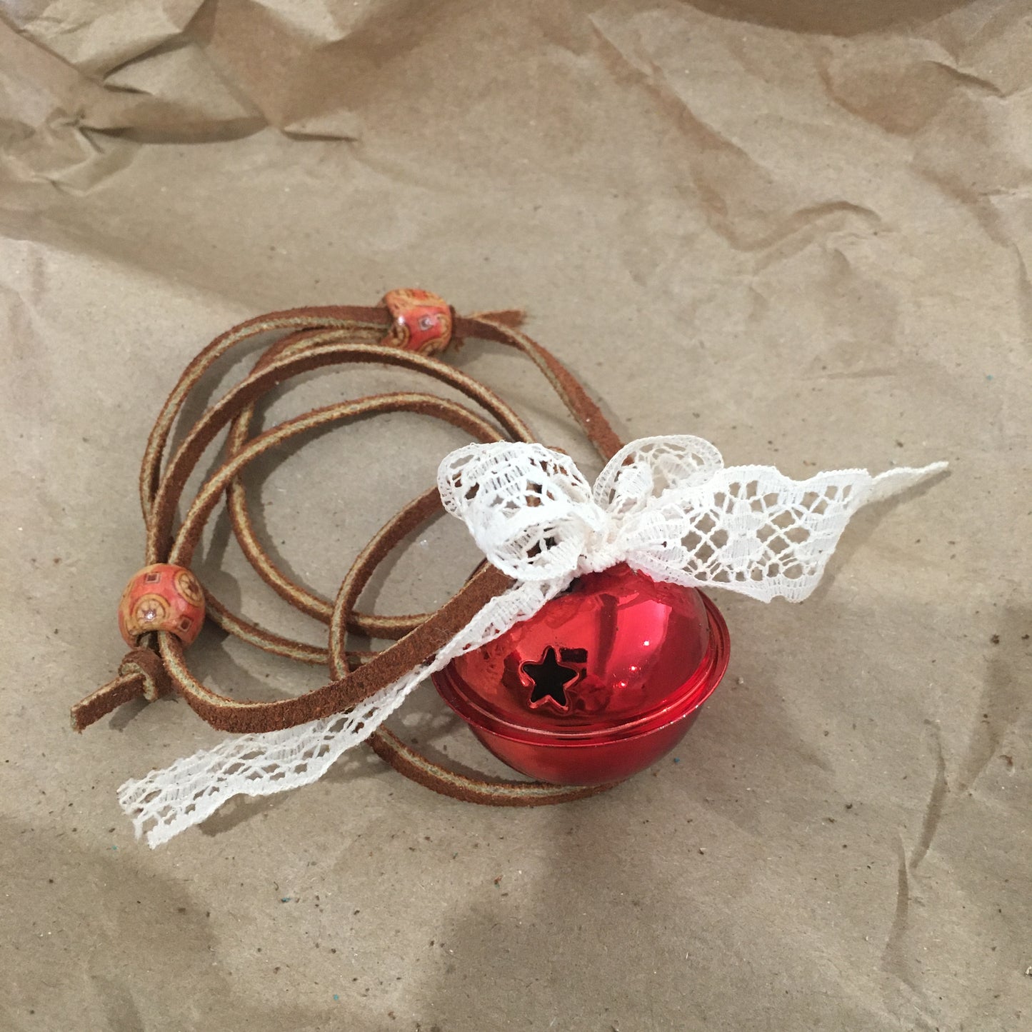 Leather and Lace Jingle Bell Necklace Red Bell Christmas