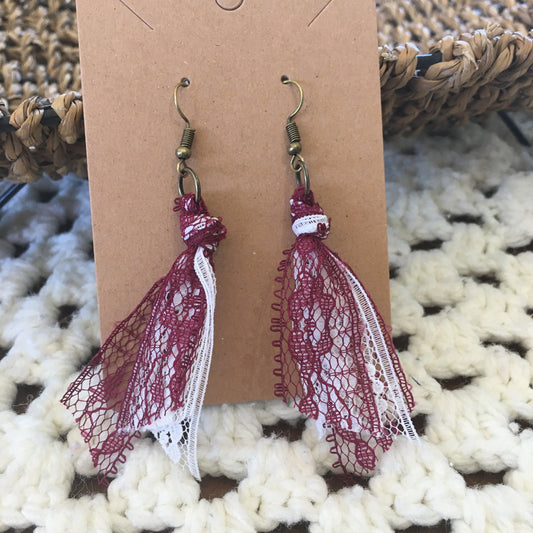 Burgundy and White Team Spirit Lace Earrings