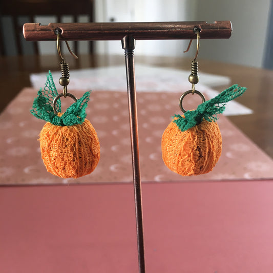 Bright Orange Pumpkin Lace Bead Earrings