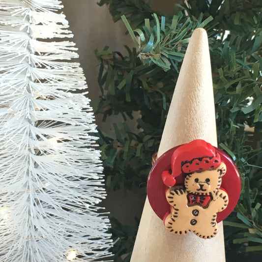 Christmas Button Ring Red Teddy Bear