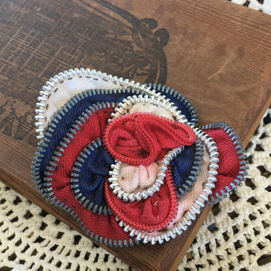 Red, White, and Blue Vintage Zipper Flower Brooch
