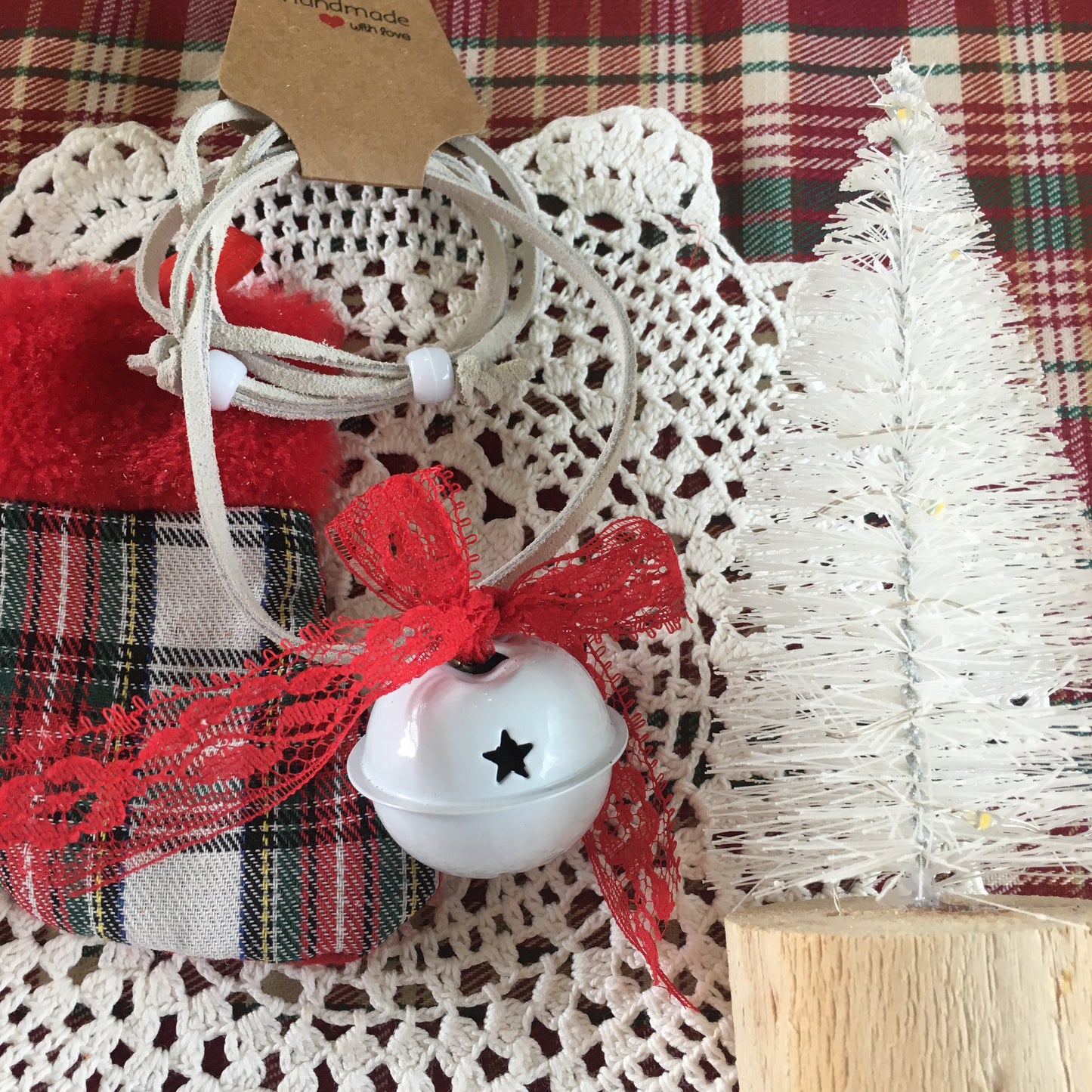 Leather and Lace Jingle Bell Necklace White Bell Christmas Gift