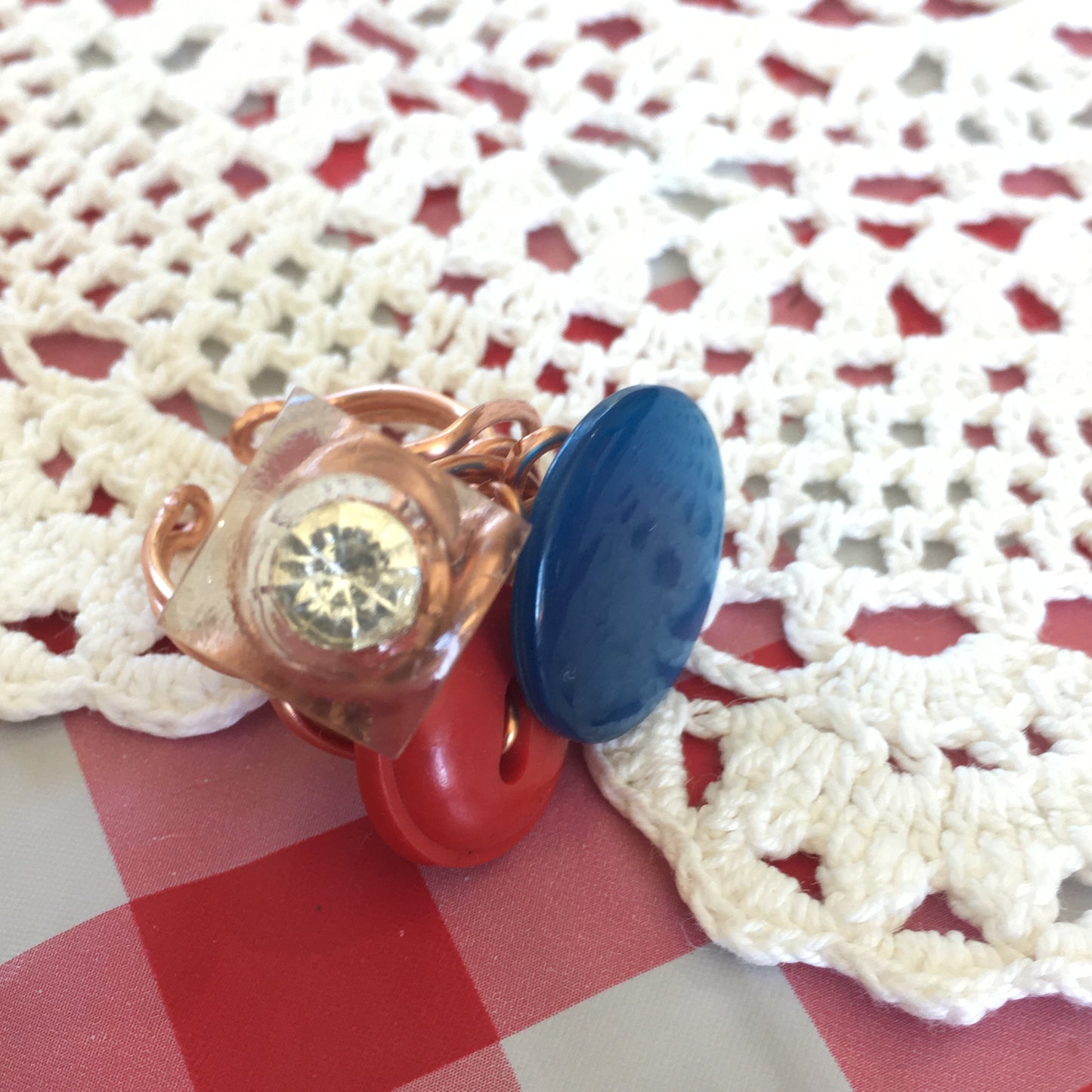 Red, White, and Blue Cluster Adjustable Vintage Button Ring