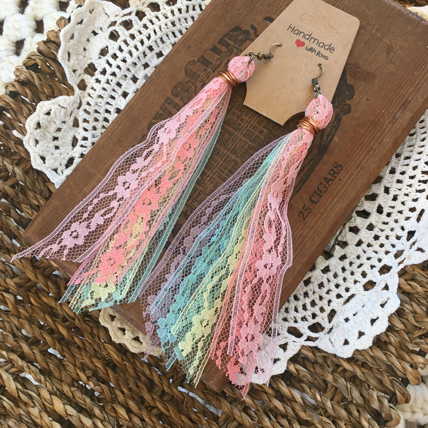 Pastel Rainbow Boho Vintage Lace Earrings