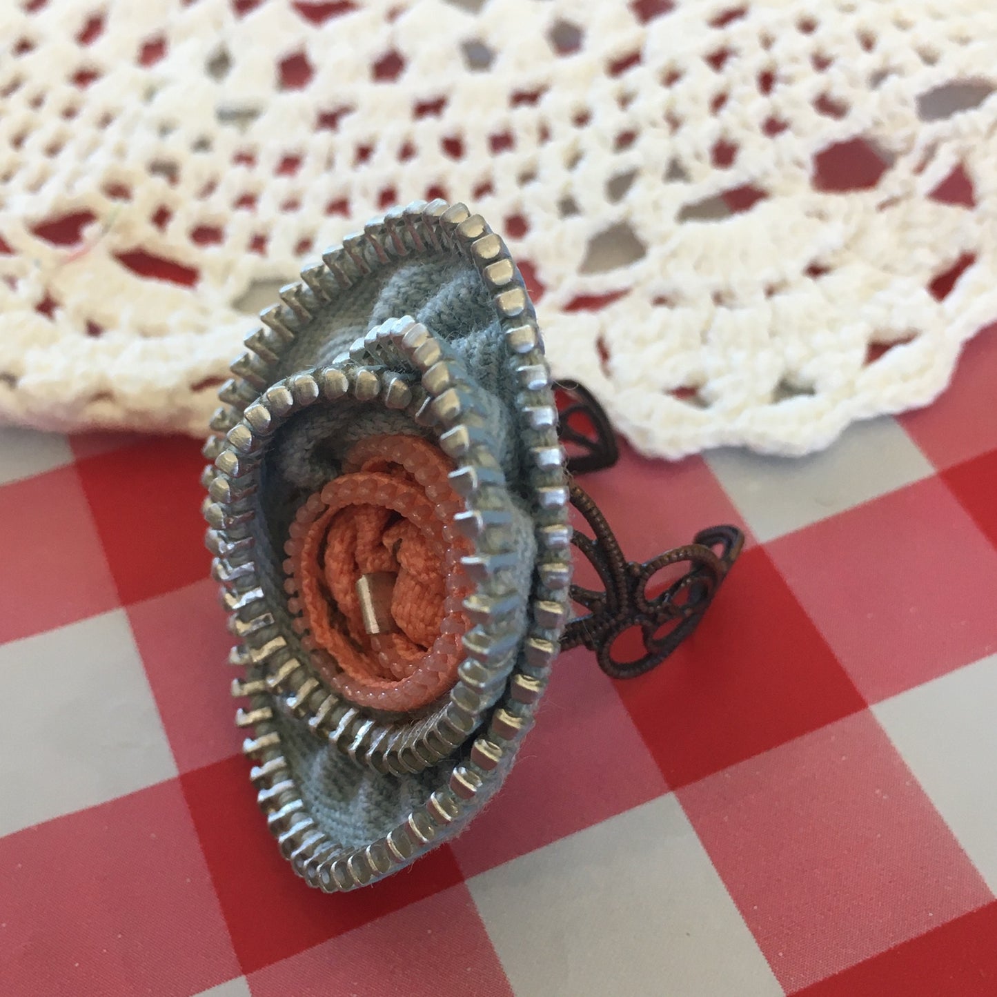 Blue with Peach Center Vintage Zipper Flower Adjustable Ring